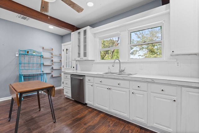 kitchen with ceiling fan, sink, white cabinets, dishwasher, and dark hardwood / wood-style flooring