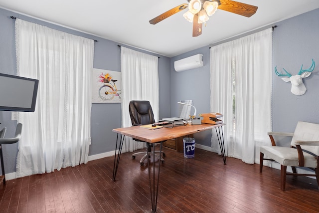 office space featuring ceiling fan, a wall unit AC, and wood-type flooring