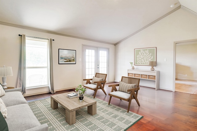 living room featuring crown molding, a wealth of natural light, and vaulted ceiling