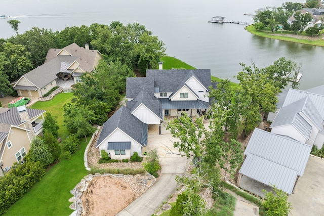 aerial view featuring a water view