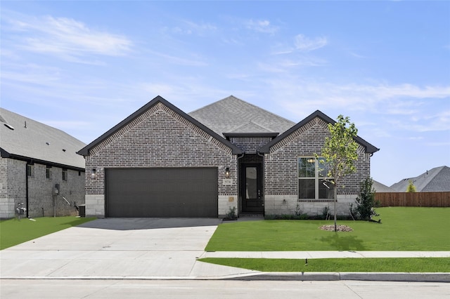 view of front of house featuring a garage and a front lawn