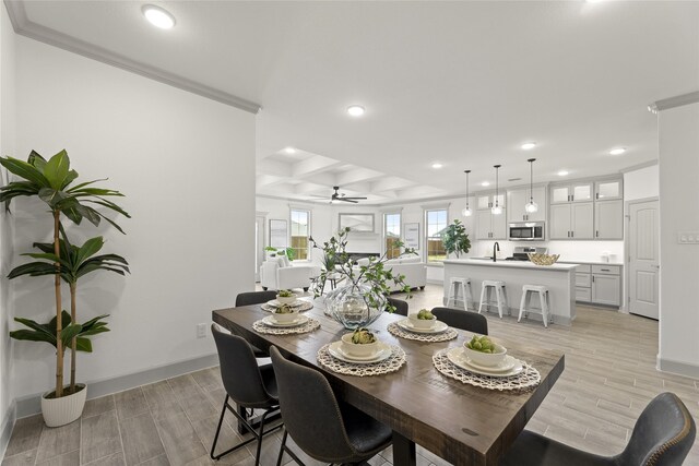 dining space featuring ceiling fan, ornamental molding, sink, light hardwood / wood-style flooring, and coffered ceiling