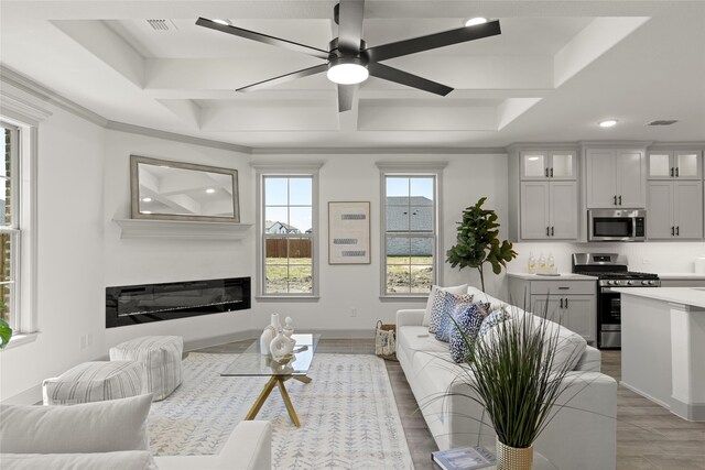 living room featuring ornamental molding, light hardwood / wood-style floors, a tray ceiling, and ceiling fan