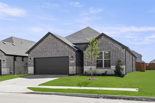 view of front of home with a garage and a front lawn