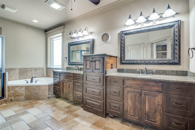 bathroom with ceiling fan, a relaxing tiled tub, vanity, and ornamental molding