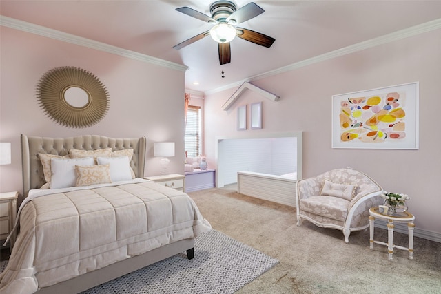 bedroom featuring ceiling fan, crown molding, and carpet flooring