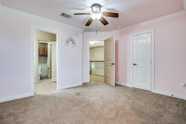 unfurnished bedroom with light carpet, ceiling fan, ornamental molding, and connected bathroom