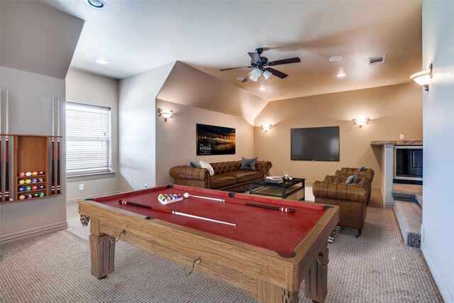 game room featuring carpet floors, pool table, ceiling fan, and vaulted ceiling