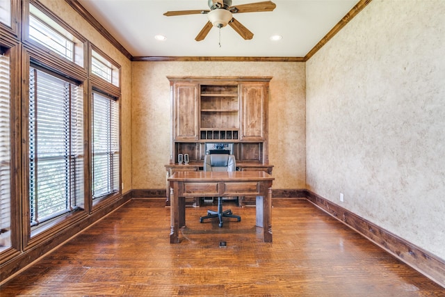 office space with ceiling fan, ornamental molding, and dark hardwood / wood-style floors