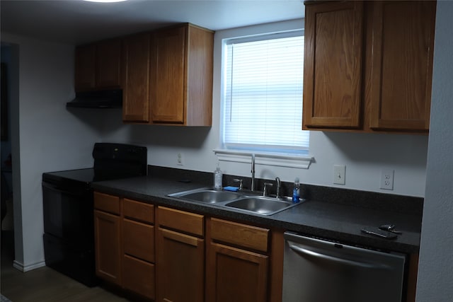 kitchen with ventilation hood, plenty of natural light, electric range, and stainless steel dishwasher