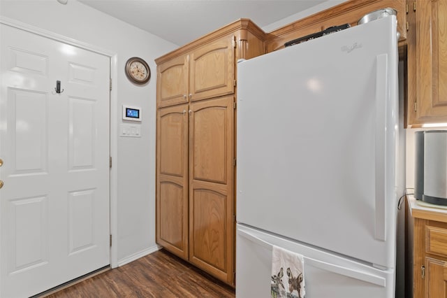 kitchen with dark hardwood / wood-style floors and white fridge