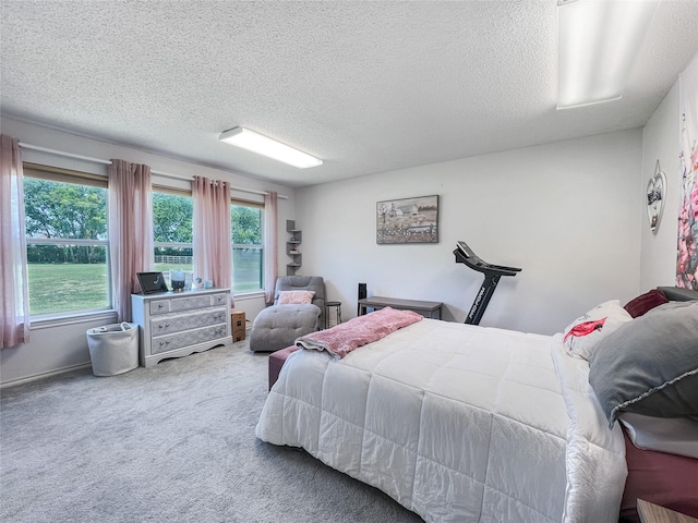 bedroom with multiple windows, carpet flooring, and a textured ceiling