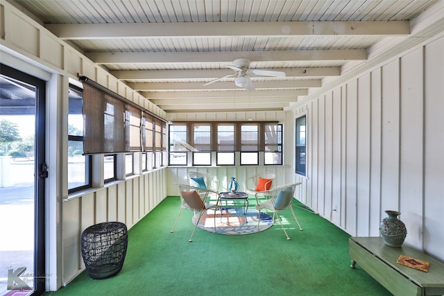 sunroom / solarium featuring ceiling fan and beamed ceiling