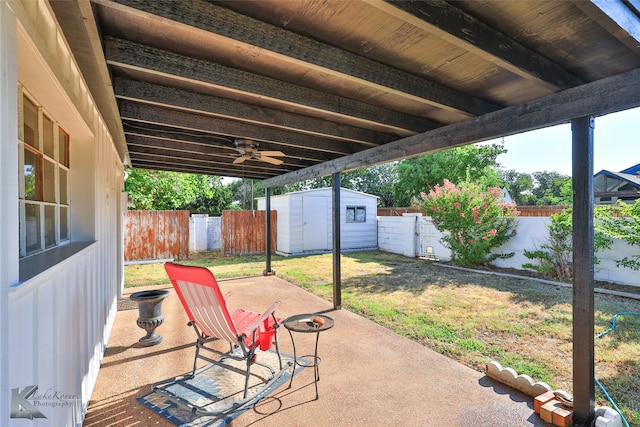 view of patio with a shed