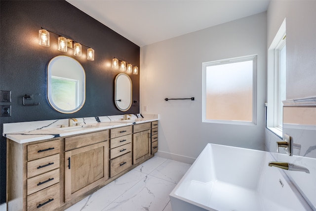 bathroom featuring dual vanity, tile patterned flooring, and a tub