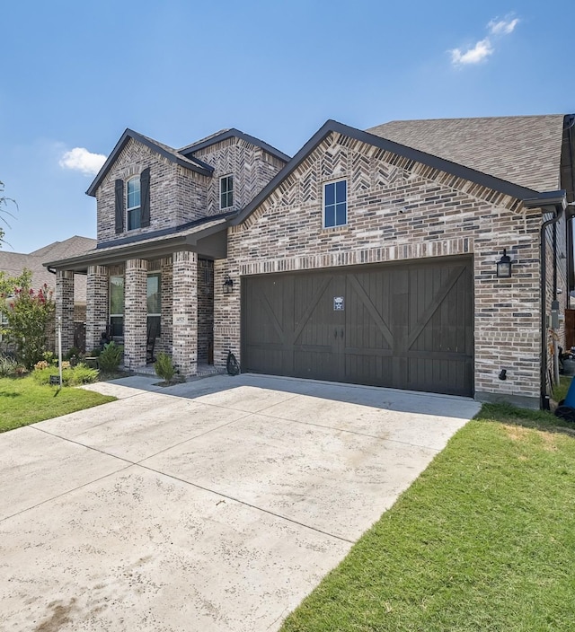 view of front of home with a garage and a front lawn