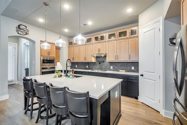 kitchen featuring sink, decorative backsplash, hanging light fixtures, stainless steel appliances, and a center island with sink