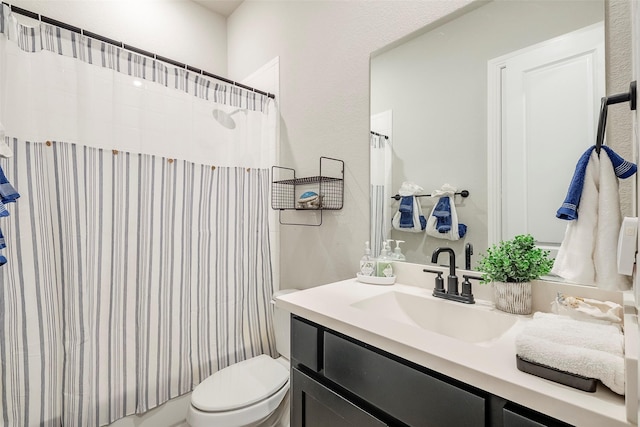 full bathroom with toilet, vanity, and shower / bathtub combination with curtain