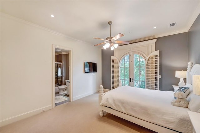 bedroom with access to exterior, french doors, crown molding, light carpet, and baseboards