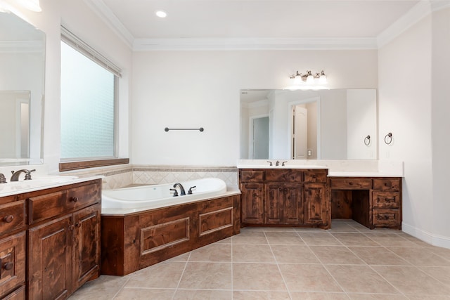 bathroom with ornamental molding, a bathtub, vanity, and tile patterned floors