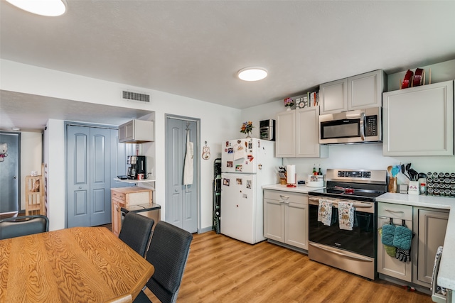 kitchen featuring appliances with stainless steel finishes, light hardwood / wood-style flooring, and gray cabinets