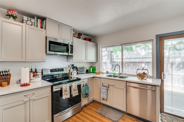 kitchen featuring sink, appliances with stainless steel finishes, light wood-type flooring, and gray cabinetry