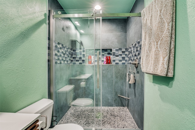 bathroom featuring walk in shower, toilet, and vanity