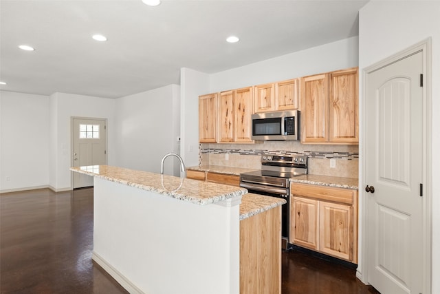 kitchen featuring tasteful backsplash, stainless steel appliances, light stone counters, dark hardwood / wood-style floors, and light brown cabinets