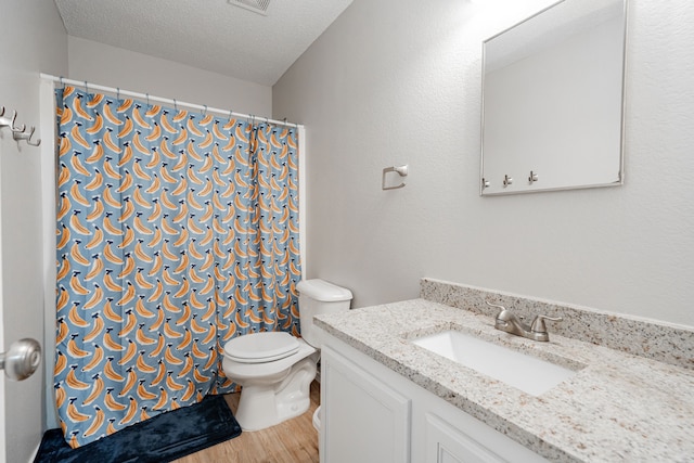 bathroom featuring vanity, toilet, wood-type flooring, and a textured ceiling