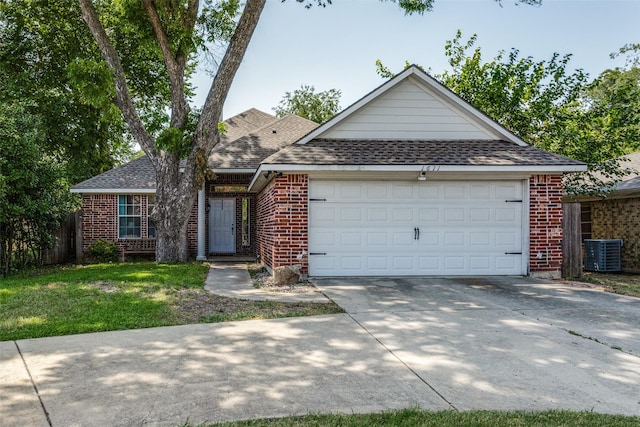 single story home featuring a garage, central AC unit, and a front lawn