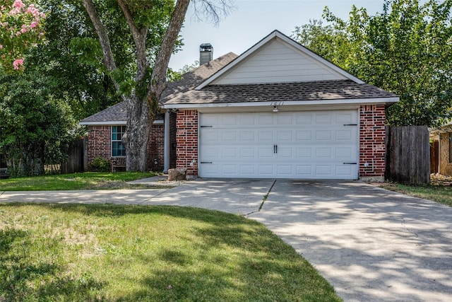 ranch-style house with a garage and a front lawn