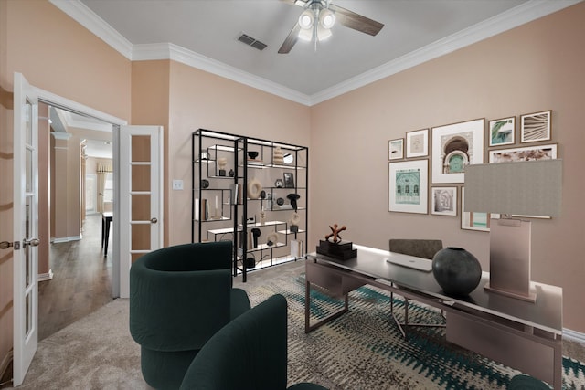 office area with french doors, hardwood / wood-style flooring, crown molding, and ceiling fan