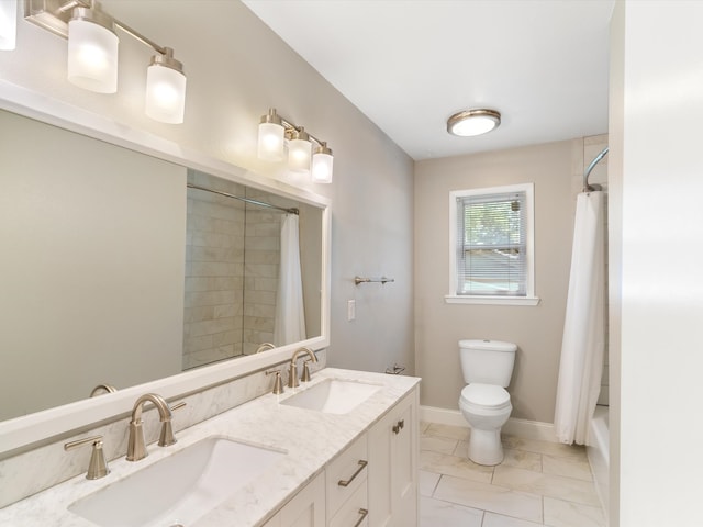 full bathroom with tile patterned flooring, toilet, shower / bath combo, and double sink vanity