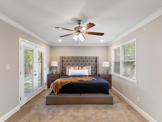 bedroom featuring multiple windows, access to outside, light colored carpet, and ceiling fan