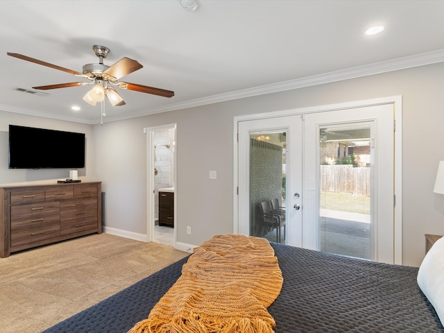 bedroom featuring french doors, light colored carpet, access to exterior, and ceiling fan