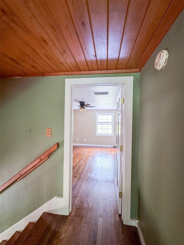 corridor with hardwood / wood-style floors and wood ceiling