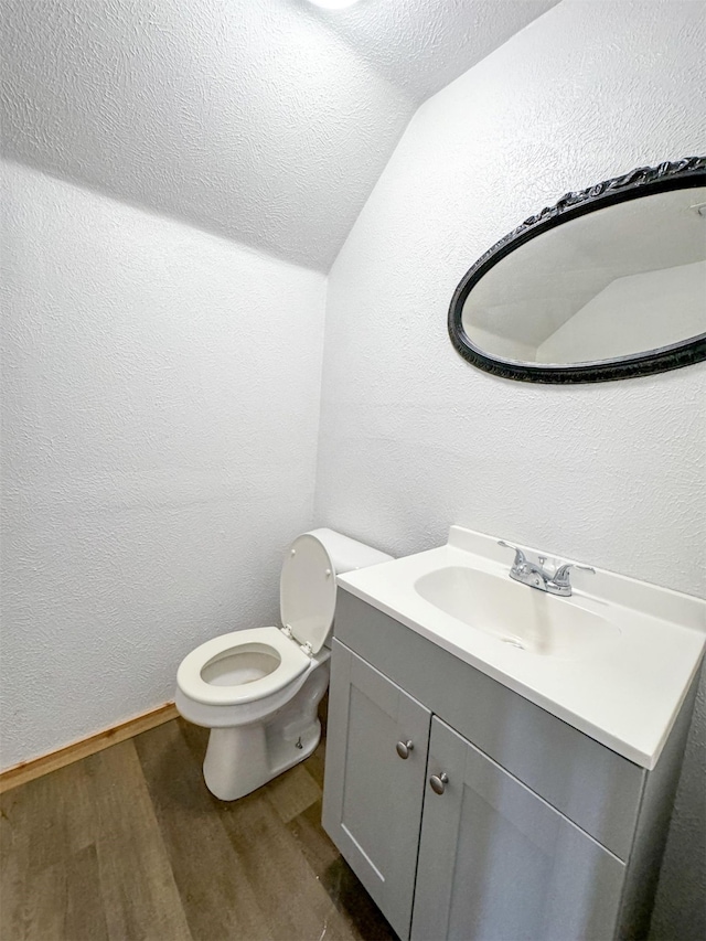 bathroom with vanity, hardwood / wood-style flooring, lofted ceiling, and toilet