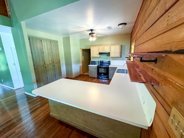 kitchen with ceiling fan, light brown cabinetry, sink, black / electric stove, and dark wood-type flooring