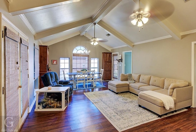 living room featuring crown molding, dark hardwood / wood-style floors, vaulted ceiling with beams, and ceiling fan