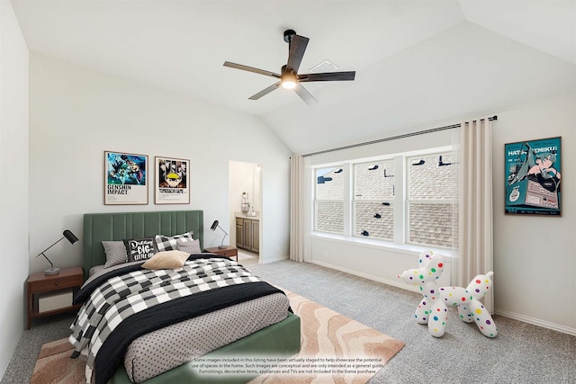 carpeted bedroom with ceiling fan and lofted ceiling