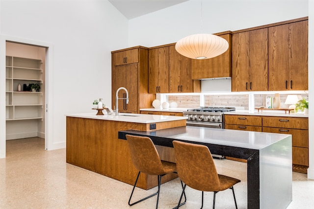 kitchen featuring high end stainless steel range oven, sink, a high ceiling, a kitchen island with sink, and decorative backsplash