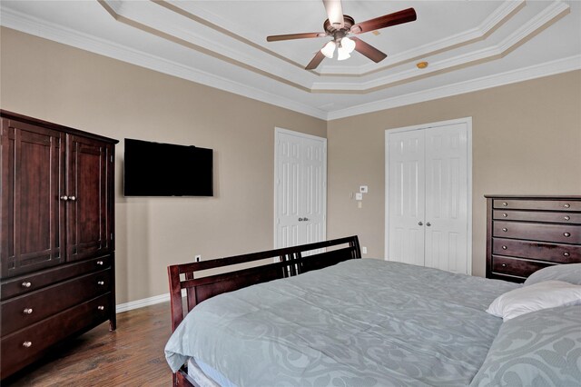 bedroom featuring a tray ceiling, dark wood-type flooring, crown molding, two closets, and ceiling fan