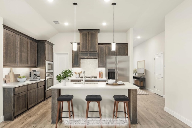 kitchen with sink, an island with sink, pendant lighting, and appliances with stainless steel finishes