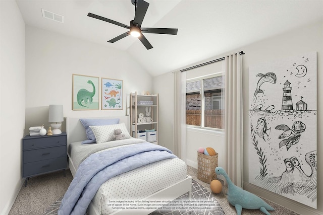 carpeted bedroom with ceiling fan and lofted ceiling