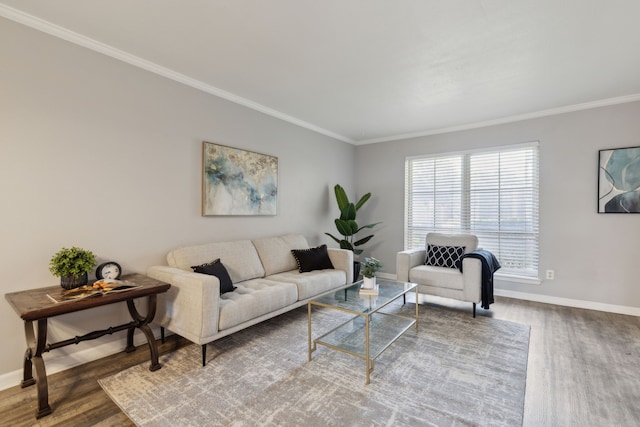 living room with crown molding and wood-type flooring