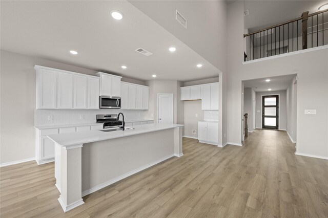 kitchen with appliances with stainless steel finishes, a kitchen island with sink, white cabinets, and sink