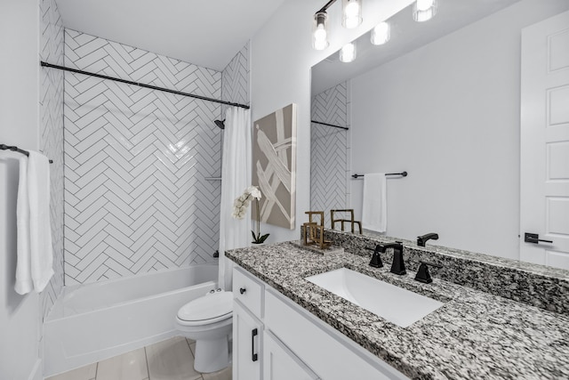 full bathroom with vanity, shower / bathtub combination with curtain, tile patterned floors, and toilet