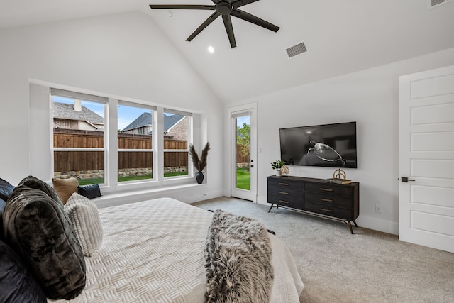 bedroom featuring high vaulted ceiling, access to outside, light colored carpet, and ceiling fan