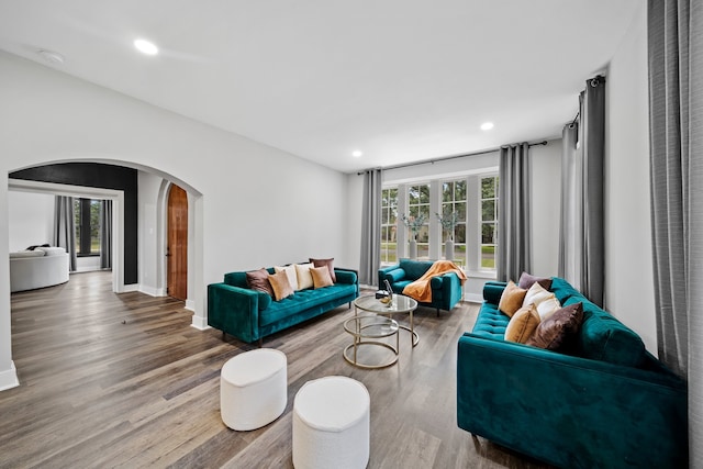 living room featuring hardwood / wood-style floors and french doors