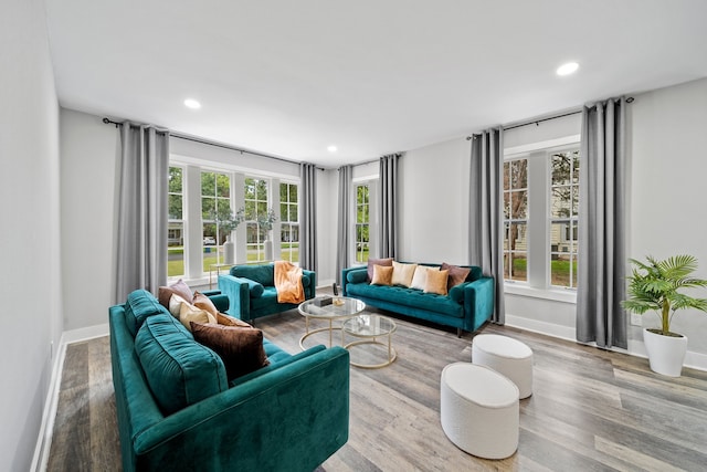 living room featuring plenty of natural light and light hardwood / wood-style floors